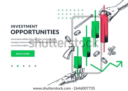 Hands holding red and green stock market candlesticks on smartphone screen. Vector sketch flat collage illustration. Investment, trading, finance strategy, loss and risk concept