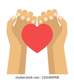 Manos sosteniendo el corazón rojo. concepto de dar amor. diseño plano
