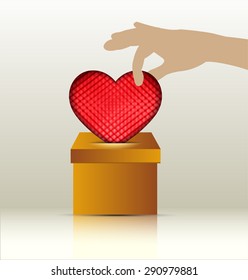 Hands holding red heart. Drops in box. white background.