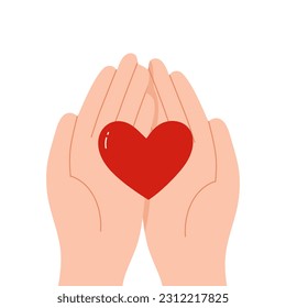 Manos sosteniendo el corazón rojo en diseño plano sobre fondo blanco.