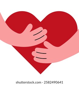 Hands holding a red heart. Flat vector illustration symbolizing love, care, kindness, and support. Perfect for Valentine's Day, Mother's Day, charity, donation concepts, greeting cards, social media