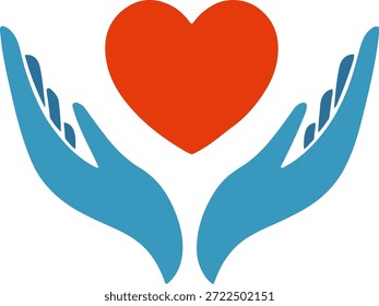 “Manos de la caridad que sostienen el corazón rojo, Vector mínimo plano, color azul”