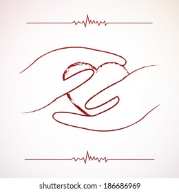 Hands holding red heart hand drawing poster with heart beats isolated on white background illustration