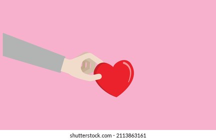 Hands holding a red heart. Heart health donation concepts. Vector illustration of hand giving love. Symbolic hand giving love or red heart. Valentine illustration