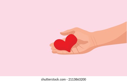 Hands holding a red heart. Heart health donation concepts. Vector illustration of hand giving love. Symbolic hand giving love or red heart. Valentine illustration - Shutterstock ID 2113863200