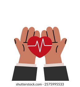 Hands holding a red heart with a heartbeat line – healthcare, charity, and love concept illustration, cartoon style.