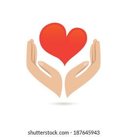 Hands holding red heart love care family protect poster vector illustration