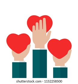 Hands Holding Red Heart On White Background. Charity, Philanthropy, Support, Giving, Help, Love Concept. Flat Vector Illustration. 