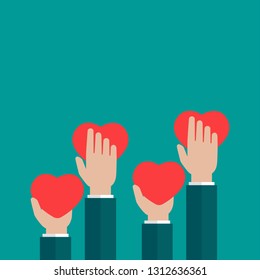 Hands Holding Red Heart On Blue Background. Charity, Philanthropy, Support, Giving, Help, Love Concept. Flat Vector Illustration. 