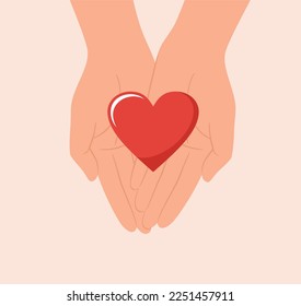 Hands holding red heart in palms, top view. Flat vector illustration