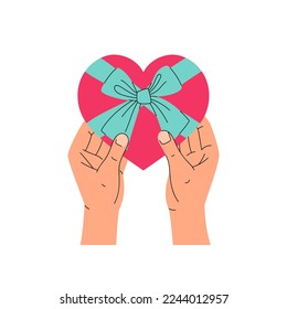 Manos sosteniendo el corazón rojo. Presente con una proa y cinta. Concepto de San Valentín. Ilustración vectorial plana de moda aislada en fondo blanco.