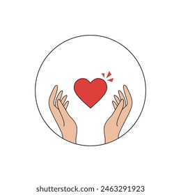 Hands holding red heart symbol in a circle on white background