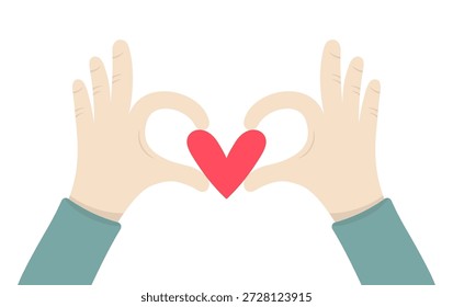 Manos que sostienen el corazón rojo que simboliza el concepto del amor, del cuidado y de la compasión, estilo plano