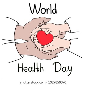 Hands holding red heart, world health care day, health care love, give, hope and family concept, world heart day, world health day. Illustration in doodle style
