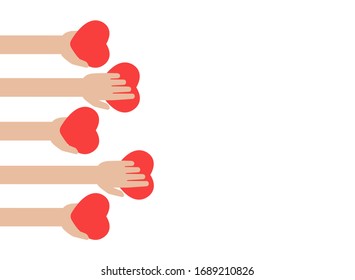 Hands holding red hearts on white background. worldwide on-line help and support concept. charity, philanthropy, first aid, cooperation, giving love. Flat vector illustration. 