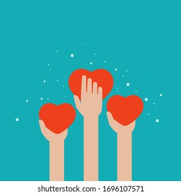 Hands holding red hearts on blue background. worldwide on-line help and support concept. charity, philanthropy, first aid, cooperation, giving love. Flat vector illustration. 