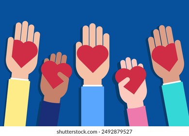 Hands holding red hearts, symbol of kindness and humanity. Vector illustration.