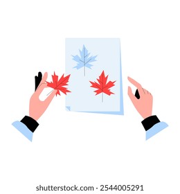Hands Holding Red Maple Leaves And Paper With Leaf Prints In Flat Vector Illustration Symbolizing Art, Crafting, And Nature Study, Isolated On White Background