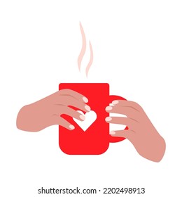 Hands holding a red mug of coffee. vector illustration