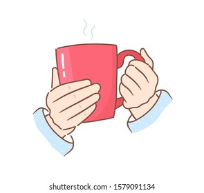 Hands holding a red mug with a hot drink. Vector illustration in flat style.