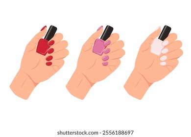 Hands holding red, pink, white nail polish bottle. Beauty product, decorative fingernail paint, varnish.Elegant manicure with different colors nail polish on all fingers. Vector Illustration