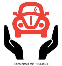 Hands holding red retro car, vector icon