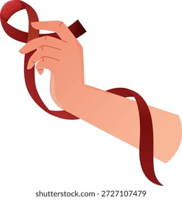 Manos sosteniendo una cinta roja en un estilo de ilustración plana que promueve las campañas para detener el SIDA y la conciencia pública.