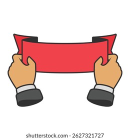Hands holding a red ribbon, perfect for awards, achievements, announcements, or promotional designs. Bright and eye-catching design for various uses.