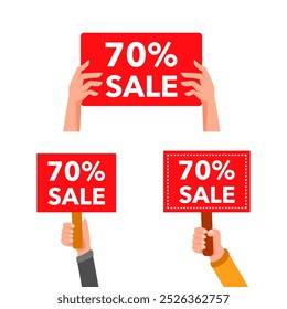 Hands holding red seventy percent sale signs with different backgrounds