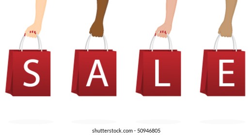 Hands holding red shopping bags spelling out "SALE"