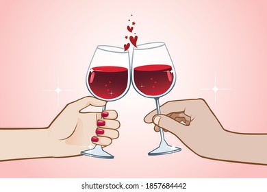 Hands holding red wine glasses to clink on pink background.Valentines day.