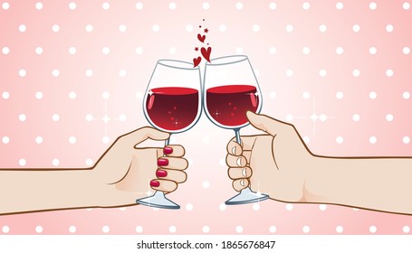 Hands holding red wine glasses to clink on polka dot background.Valentines day.