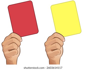 hands holding red and yellow cards, symbols of warning and expulsion in sports Detailed illustration on white background, suitable for concepts of violations, penalties, game rules or referee decision