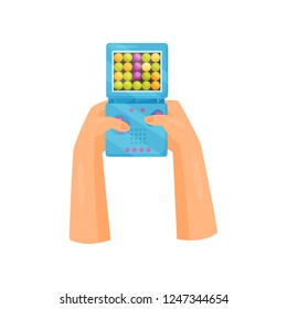 Hands holding retro gamepad, gaming concept vector Illustration on a white background