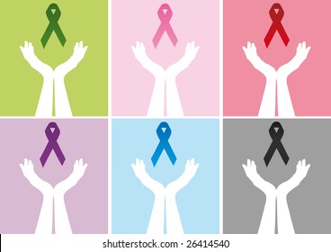 Hands holding up ribbon. Awareness Ribbons. Vector illustration.