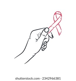 Hands holding ribbon breast cancer awareness line drawing. Hand drawn sketch vintage vector illustration