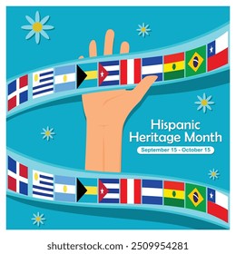 Hands holding ribbons with flags of various countries in America. Cultural and ethnic diversity. Hispanic Heritage Month concept. Flat vector illustration.