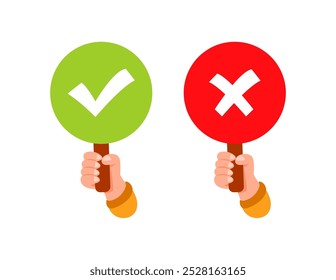 Manos sosteniendo las señales correctas e incorrectas tomando decisiones