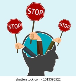 Hands holding a road sign stop in human head. Protest and prohibitions. Stock vector flat graphic illustration.