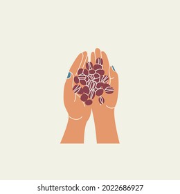 Hands holding roasted coffee beans isolated vector illustration. Fresh aromatic beans design element. Cafe sign 