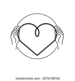 Hands holding rope heart in circle linear illustration for charity, handiwork, wickerwork, weaving, donation logo emblem
