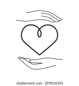 Hands holding rope heart linear illustration for charity, handiwork, wickerwork, weaving, donation, care, love logo emblem