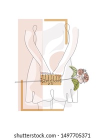 Hands holding rose flower. Cotiniuous line drawing.