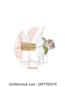 Hands holding rose flower. Cotiniuous line drawing.