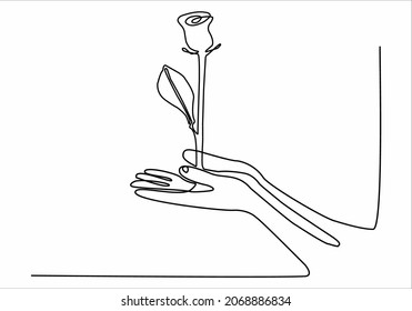 
Hands holding roses. Vector continuous line.