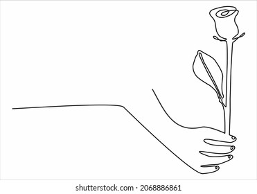 
Manos sosteniendo rosas. Línea continua del vector.