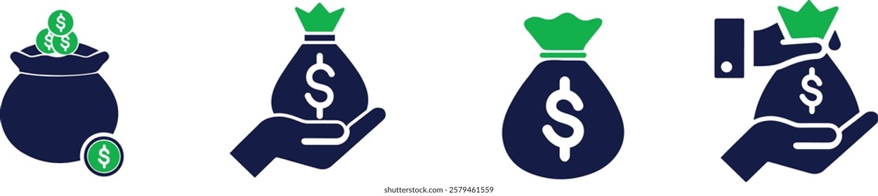 Hands holding sacks of dollars icon set You can easily change the color.