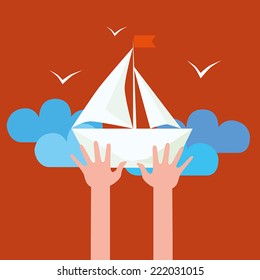 Hands holding sailboat on clouds background