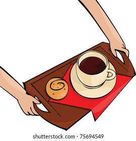 Hands  holding a salver with breakfast