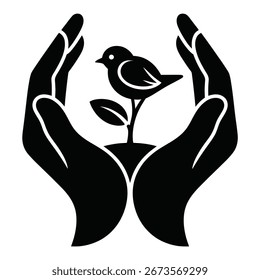 Hände, die eine Probe mit Vogel halten, die Wachstum und Schutz für Natur und Nachhaltigkeit symbolisieren
